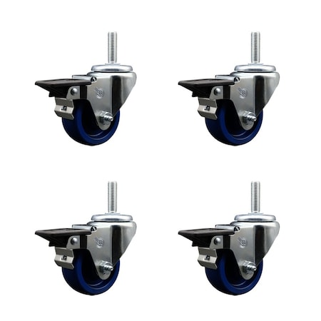 Service Caster 3 Inch Solid Polyurethane Wheel Swivel 58 Inch Threaded Stem Caster Set with Brake SCC SCC-TS20S314-SPUS-PLB-58212-4